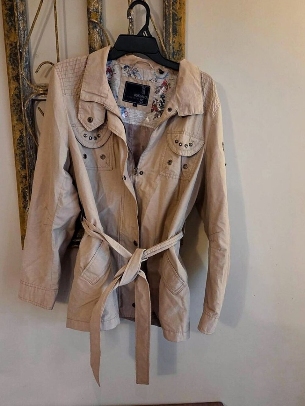 Buffalo David Bitton Belted Utility Jacket Beige Tan Floral Lining Size L